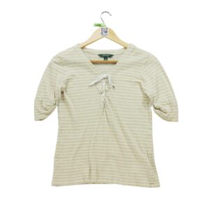 T shirt manches courtes femme beige Polo Ralph Lauren Motif a rayures Col V
