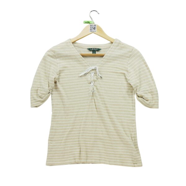 T shirt manches courtes femme beige Polo Ralph Lauren Motif a rayures Col V