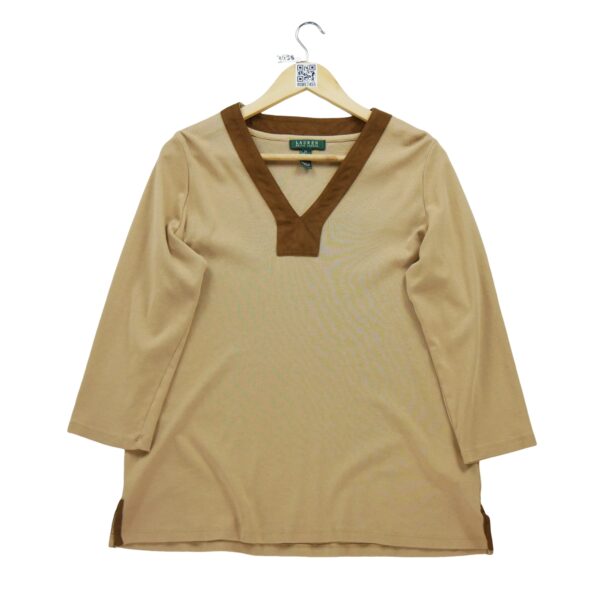 T shirt manches longues femme beige Polo Ralph Lauren Col V