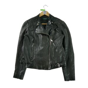 Veste en cuir femme manches longues gris Lauren Ralph Lauren Col Rond