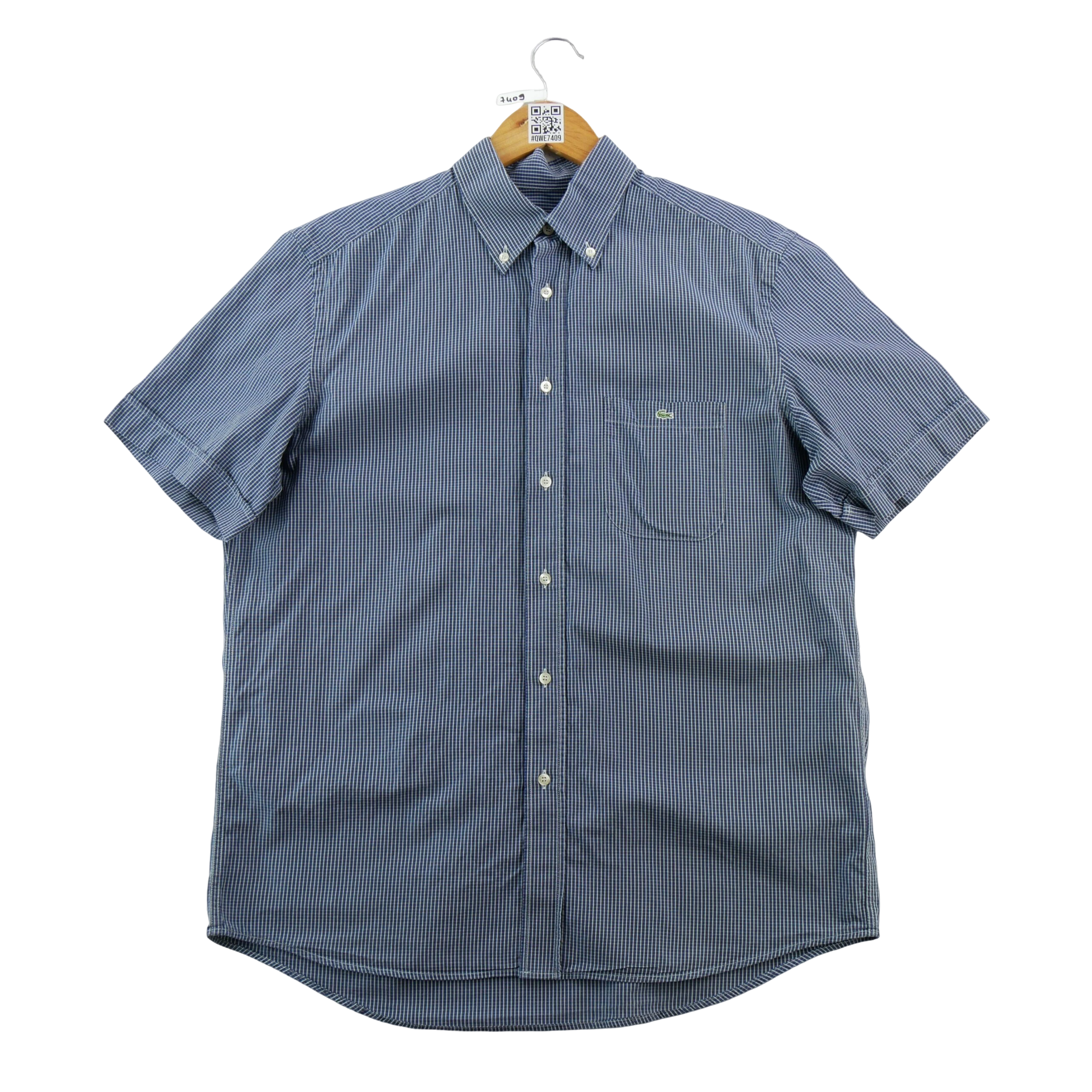 Lacoste chemise a manches courtes petits carreaux bleus col boutonne