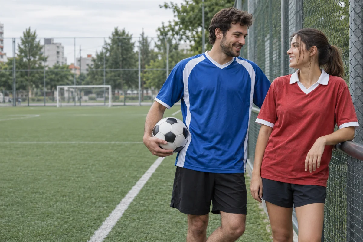 Deux personnes en maillots bleu et rouge au bord d’un terrain de football