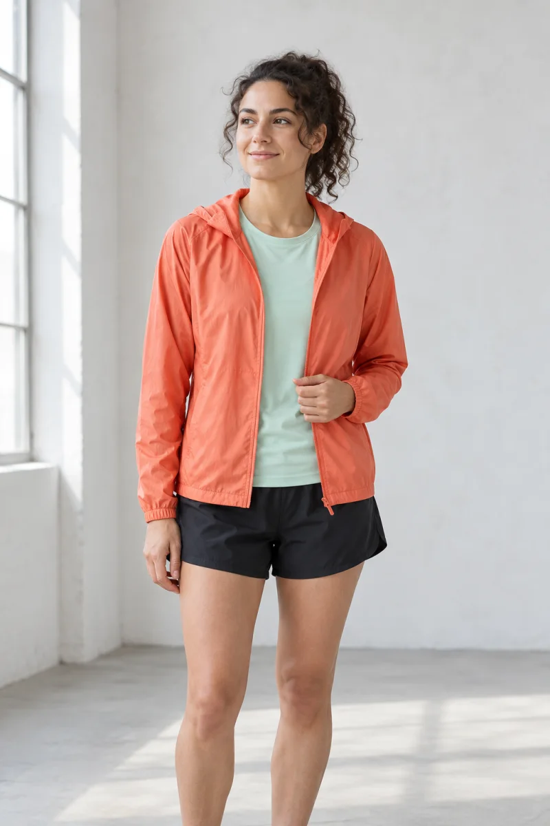 Mannequin portant un coupe-vent de running corail